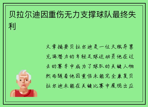 贝拉尔迪因重伤无力支撑球队最终失利